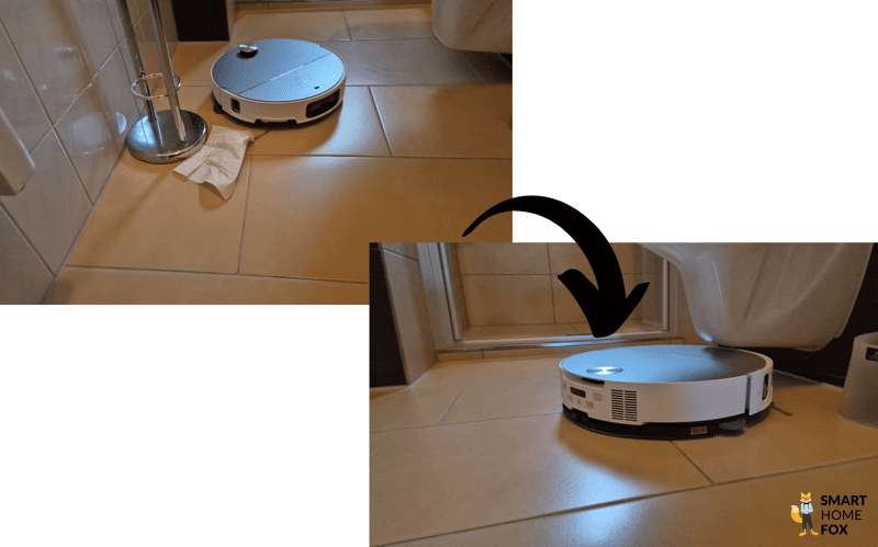 Der Roborock Saros 10 fährt mit eingezogenem Laserturm unter Möbel.